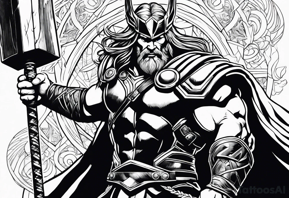 Thor mit Hammer in der Hand kämpft gegen riesige Schange tattoo idea