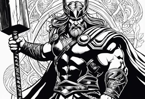 Thor mit Hammer in der Hand kämpft gegen riesige Schange tattoo idea