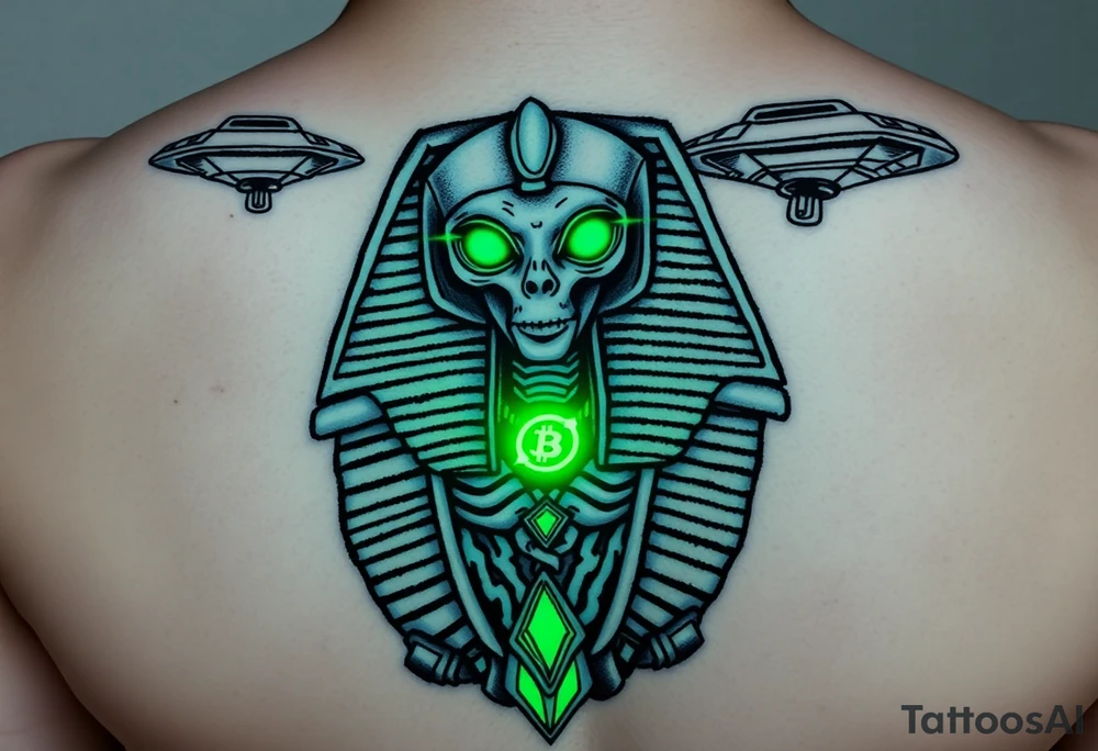 "Pharaoh's sarcophagus opening to reveal a grey alien. Instead of organs: glowing crypto wallets. Floating UFOs are shaped like Chevy Impalas (lowrider style).  

Style: Neo-traditional tattoo with glitch effects. Colors: turquoise/black/neon green." tattoo idea