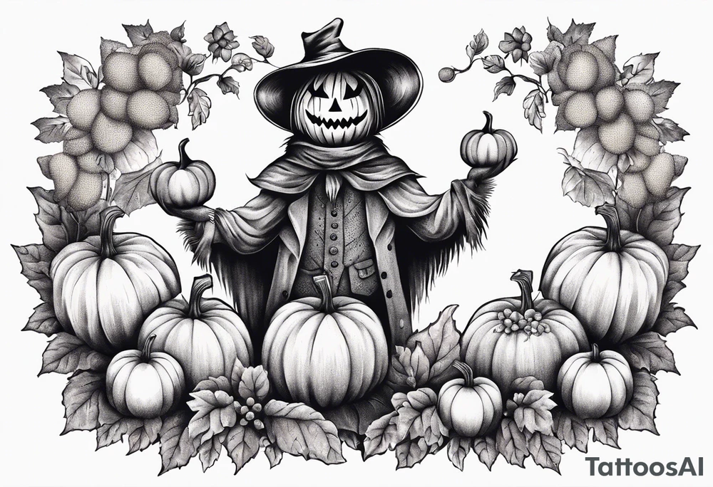 friendly scarecrow with pumpkins and flowers tattoo idea