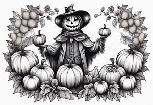 friendly scarecrow with pumpkins and flowers tattoo idea