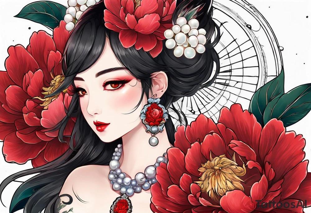 Red peony with dangling pearl necklace and rabbit tattoo idea