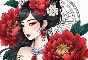Red peony with dangling pearl necklace and rabbit tattoo idea