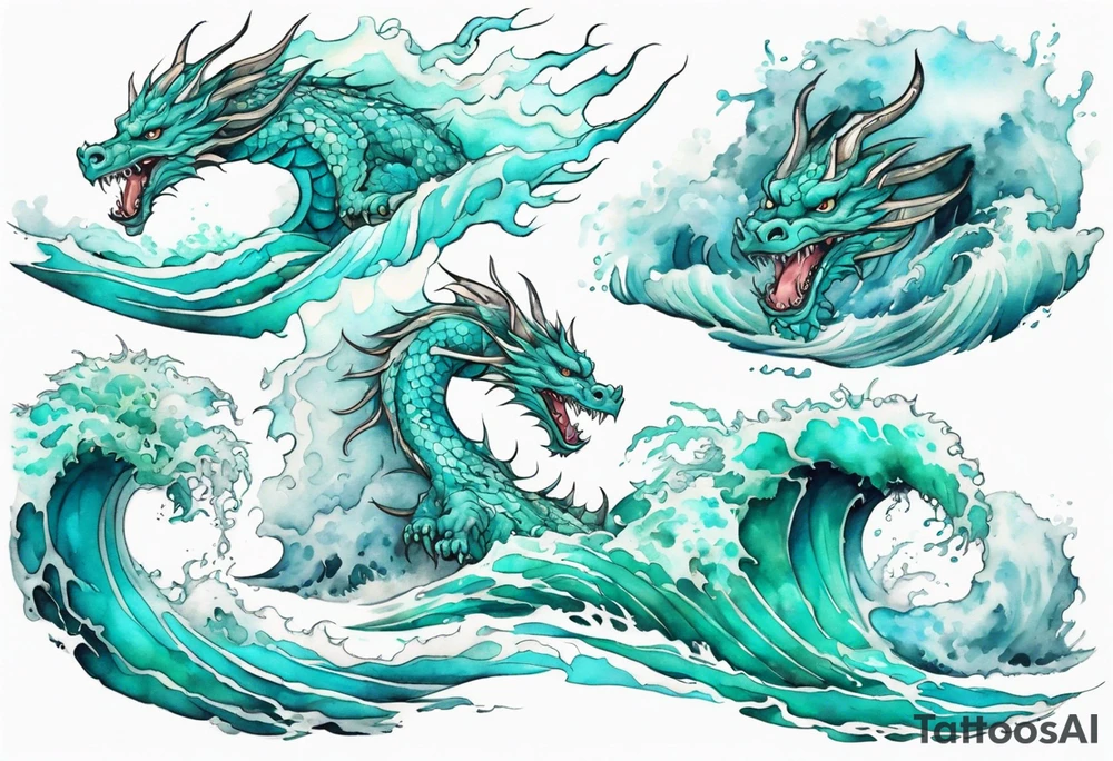 a pretty turquoise luck dragon emerging from an ocean wave, crashing onto the shore tattoo idea