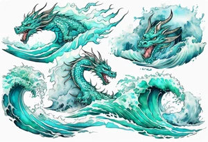 a pretty turquoise luck dragon emerging from an ocean wave, crashing onto the shore tattoo idea