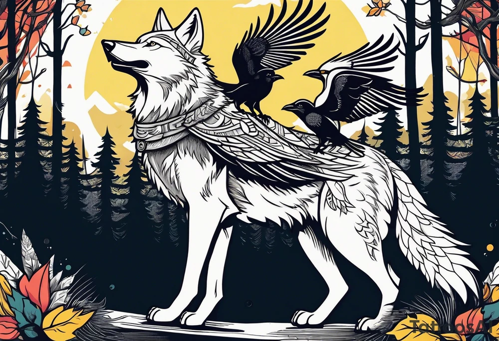 A powerful Wolf ist carrying a crow on His back
Background Woods tattoo idea