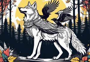 A powerful Wolf ist carrying a crow on His back
Background Woods tattoo idea