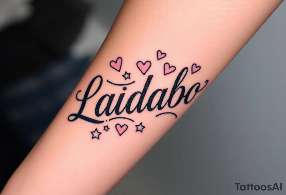 The name Ladaboo with stars and hearts around the name tattoo idea