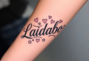 The name Ladaboo with stars and hearts around the name tattoo idea