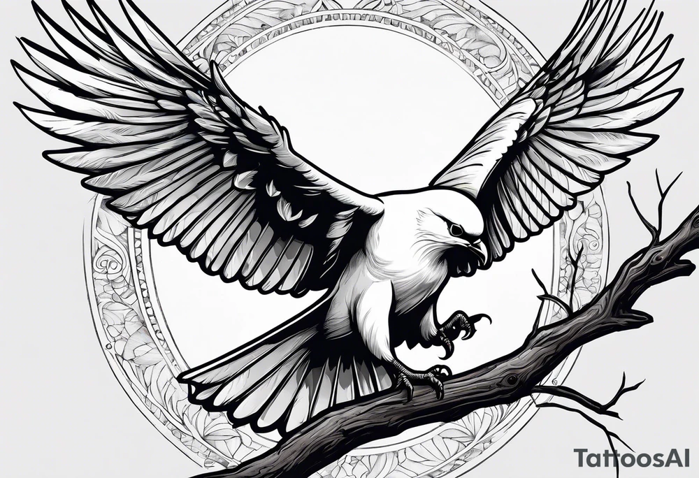 White Dove sitting on a tree branch with an eagle soaring overhead tattoo idea
