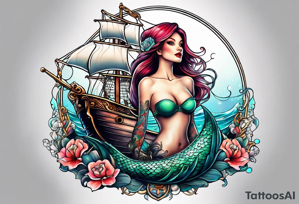 mermaid with galleon ship tattoo idea