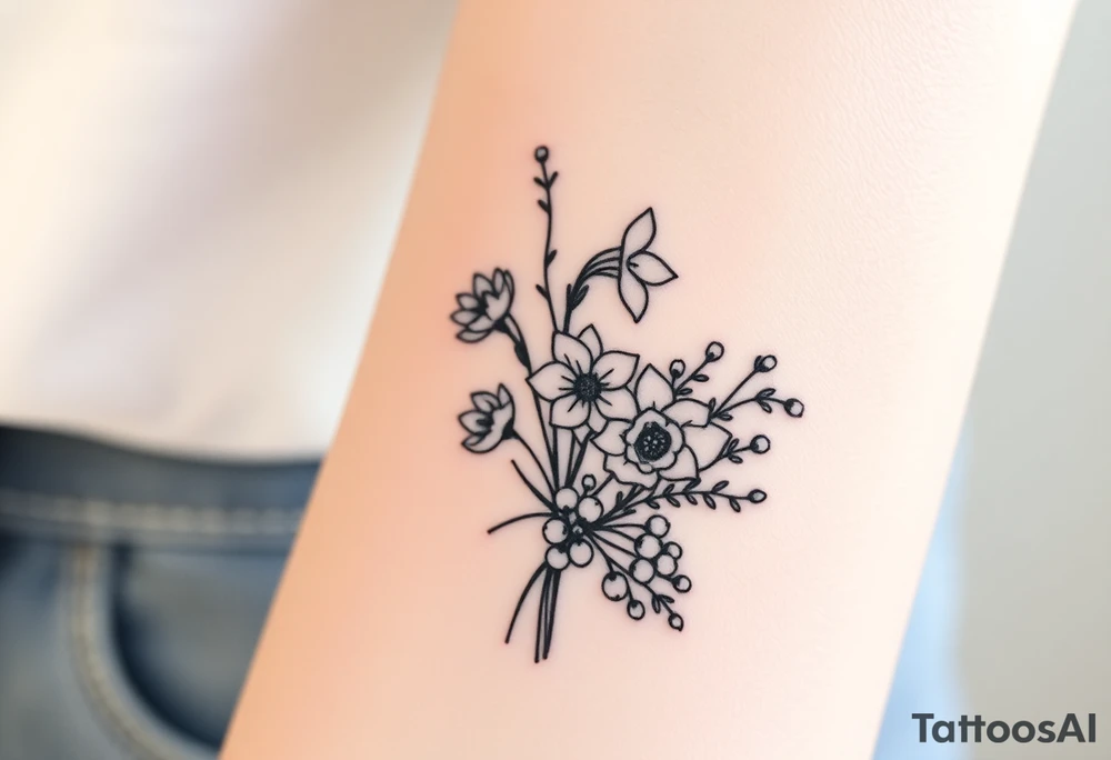 Bouquet of birth months flowers Lilly of the valley, daffodil, larkspur and Ilex aquifolium with berries tattoo idea