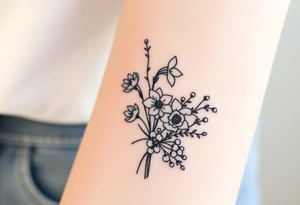 Bouquet of birth months flowers Lilly of the valley, daffodil, larkspur and Ilex aquifolium with berries tattoo idea