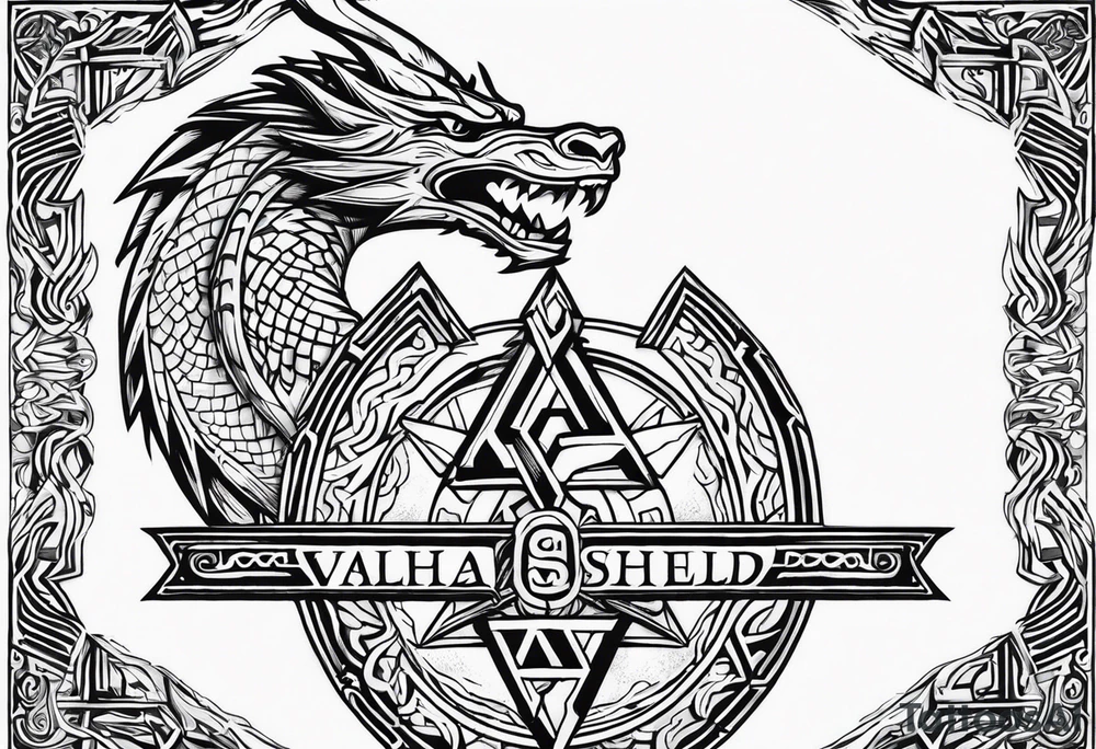 Valhalla sword shield dragon axe Valknut tattoo idea