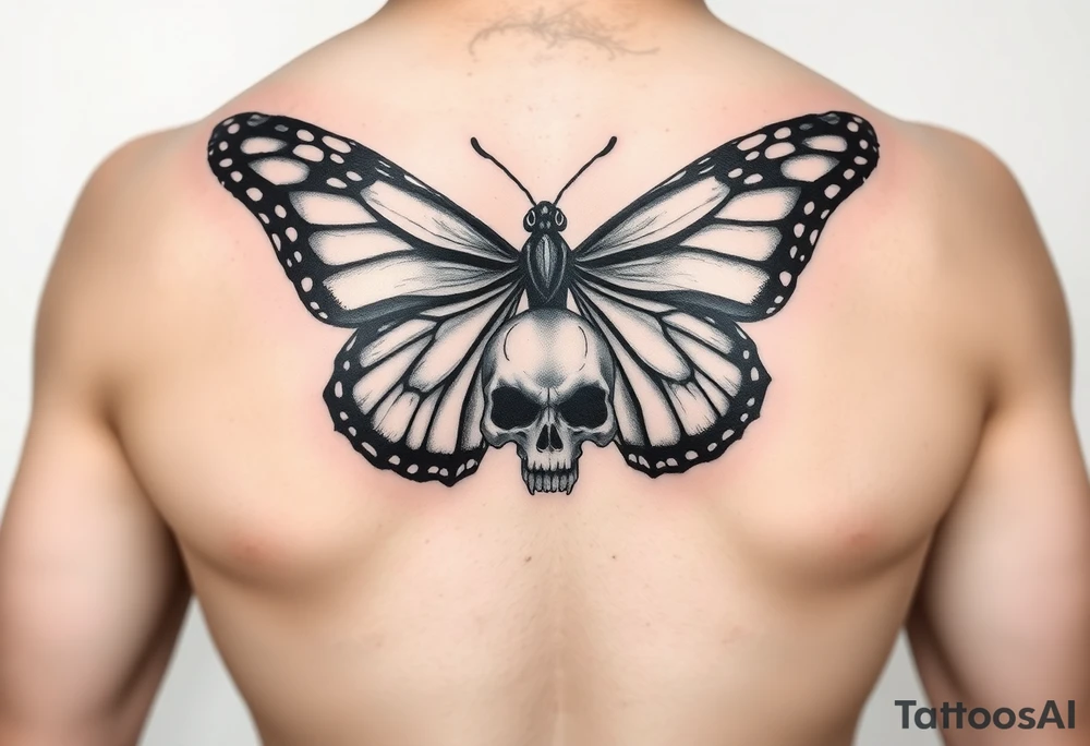 powerful majestic and dark monarch butterfly with skull detail in the wings tattoo idea