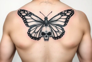 powerful majestic and dark monarch butterfly with skull detail in the wings tattoo idea