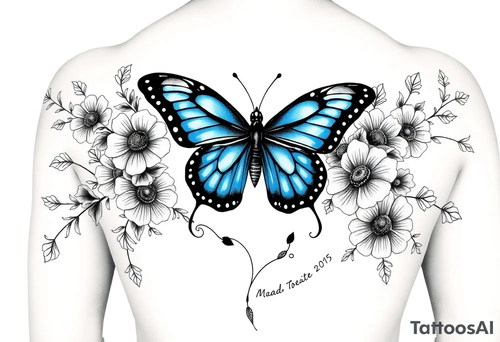 Sleeve/ floral with vines roses and daises large bright blue monarch in center of forearm with floral extending from wrist to mid bicep children’s names written with vines “ amber, Zachary, Justin, Harper, Vivian “ ARM SLEEVE tattoo idea