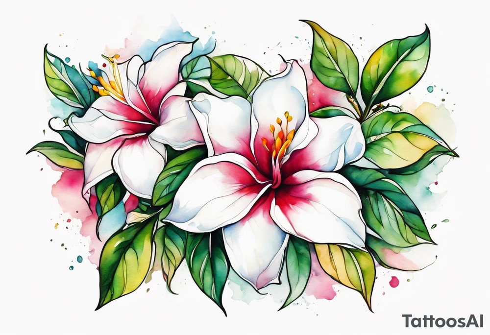 white background, abstract mandevilla flowers on a vine tattoo idea