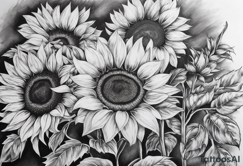 My moms name Araceli in cursive four sunflowers and shading all around tattoo idea