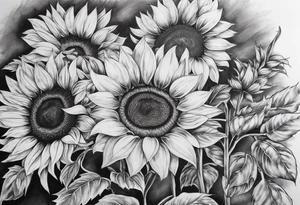 My moms name Araceli in cursive four sunflowers and shading all around tattoo idea
