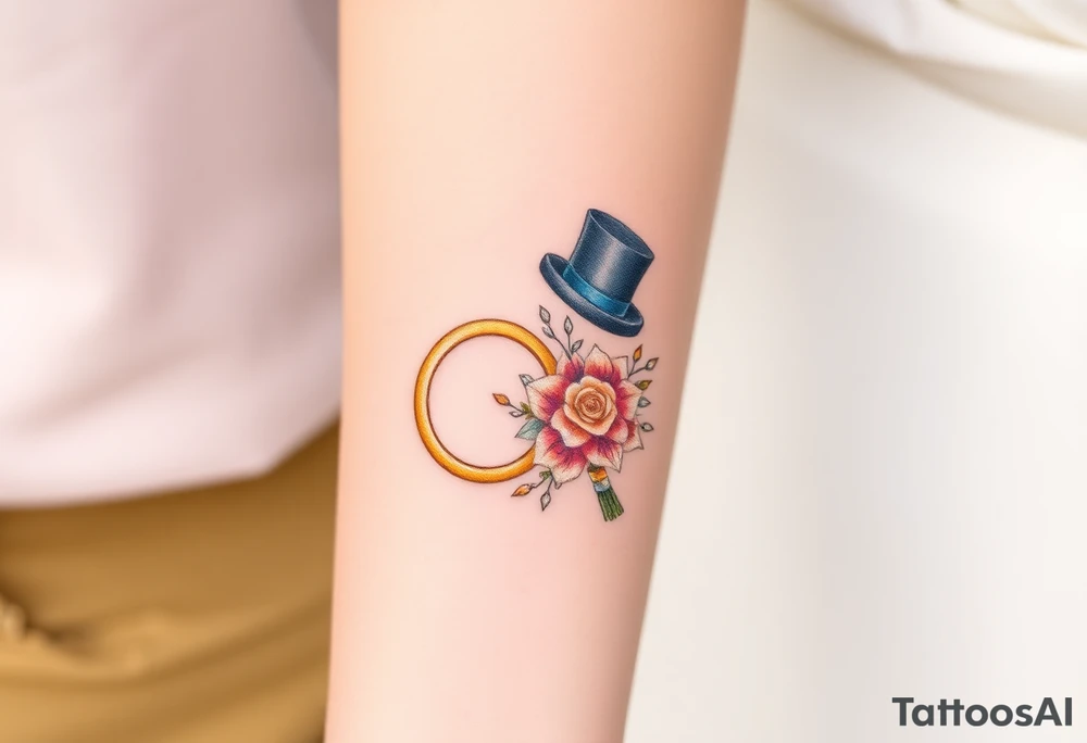 two golden wedding rings with top hat and wedding bouquet tattoo idea