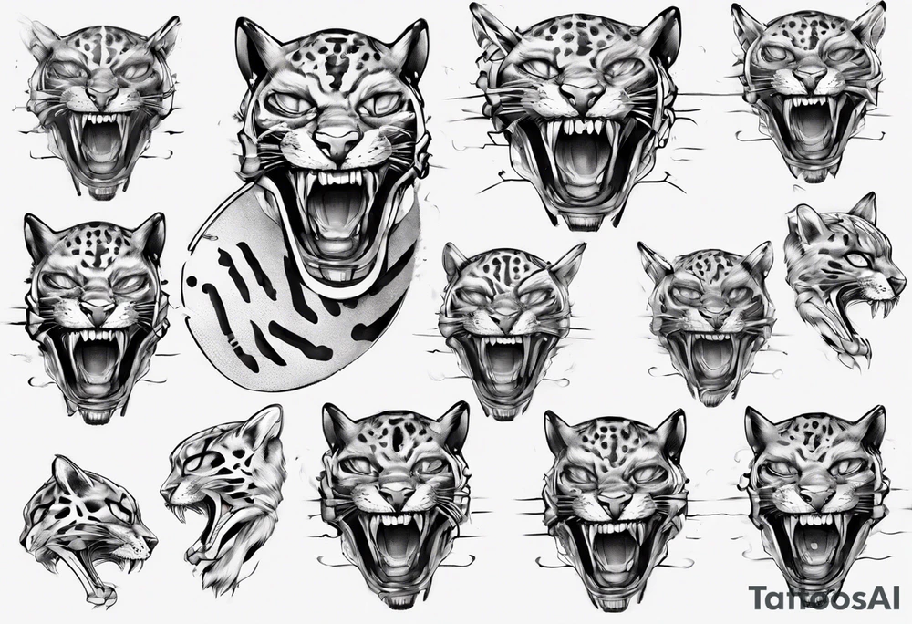 cybernetic ocelot full body teeth showing tattoo idea