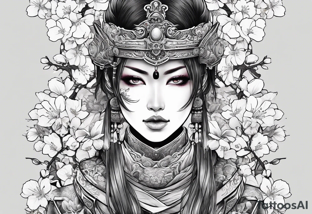 Female warrior with half a skull for a face woth cherry blossoms tattoo idea
