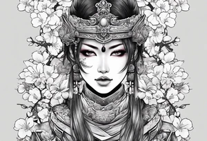 Female warrior with half a skull for a face woth cherry blossoms tattoo idea