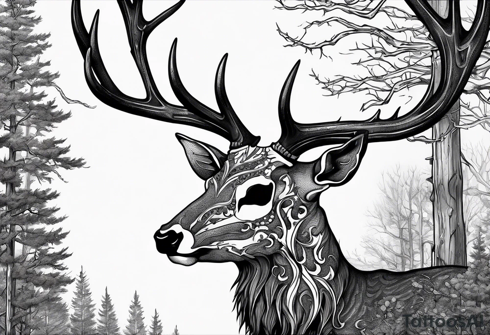 A side view of a decayed deer skull JUST BONE surrounded by trees and fire in background tattoo idea