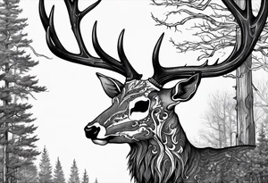 A side view of a decayed deer skull JUST BONE surrounded by trees and fire in background tattoo idea