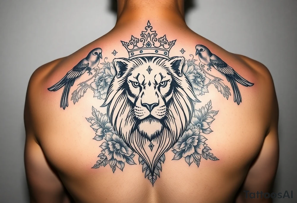 powerful majestic lion with a crown, surrounded by floral ornaments and birds tattoo idea