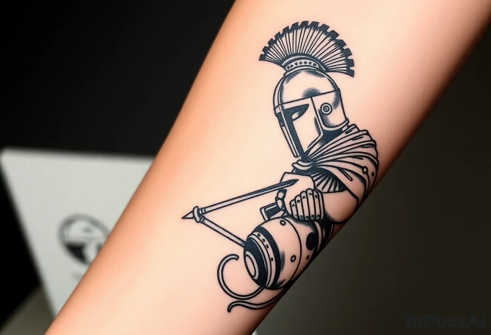 Imaginez un tatouage ou ont peut voir des éléments architecturaux de Rome, comme le Colisée, un gladiateur  Enfin, dans le coin inférieur de l'image une carte de la centre Afrique et la grenade  de la cavalerie tattoo idea