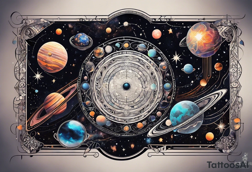 A tattoo featuring a cosmic scene with planets, black holes, and supernovae intertwined with intricate linguistic symbols, reflecting the client's interests in cosmology and linguistics. tattoo idea