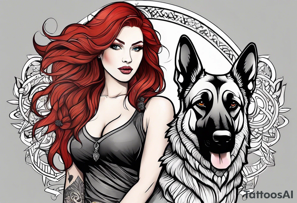 red hair woman with German shepherd dog tattoo idea