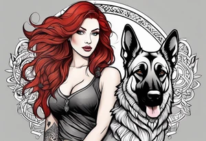 red hair woman with German shepherd dog tattoo idea