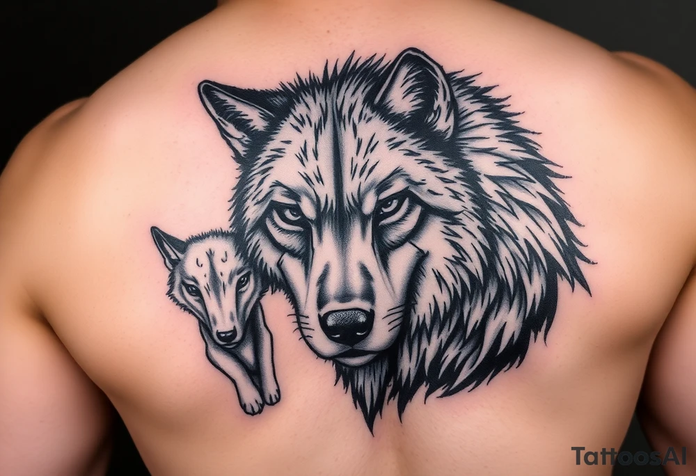 A solitary yet sublime and noble wolf and its progeny. the face tattoo idea