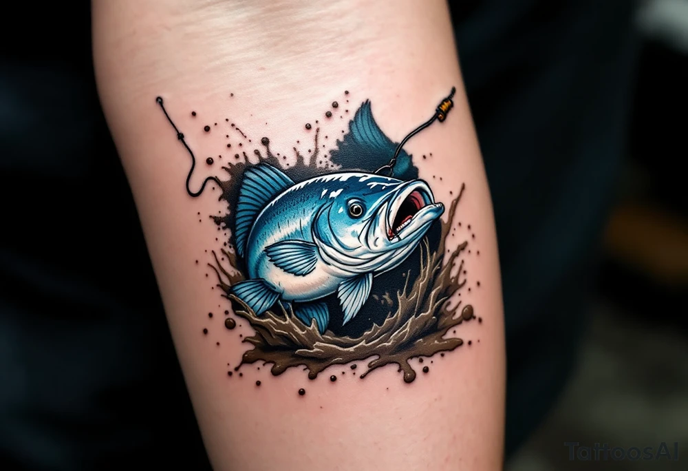 Catfish Catch Moment – A snapshot-style design of a realistic blue catfish just as it bites a rusted fishing hook, with splashes of muddy water and tension in the line—ideal for fishing enthusiasts. tattoo idea