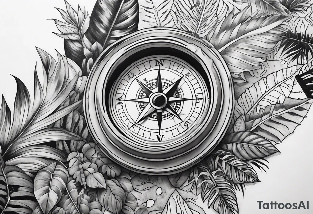 sleeve tattoo with jungle plants, compass, all-seeing eye tattoo idea