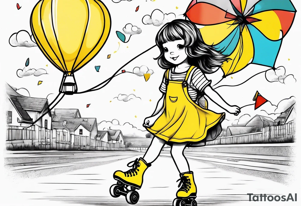a little girl in a dress & a teddy bear in roller skates and yellow overalls, flying kites tattoo idea