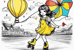 a little girl in a dress & a teddy bear in roller skates and yellow overalls, flying kites tattoo idea