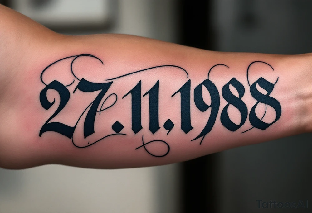 Birth date 27.11.1988 carved in Roman numerals with deep navy blue shadows. tattoo idea