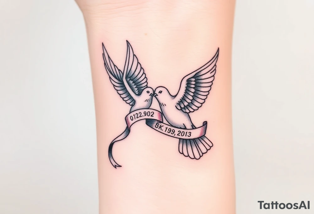 A pair of doves in mid-flight, carrying a silk ribbon with the wedding date, embodying peace and unity. tattoo idea