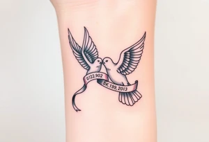 A pair of doves in mid-flight, carrying a silk ribbon with the wedding date, embodying peace and unity. tattoo idea