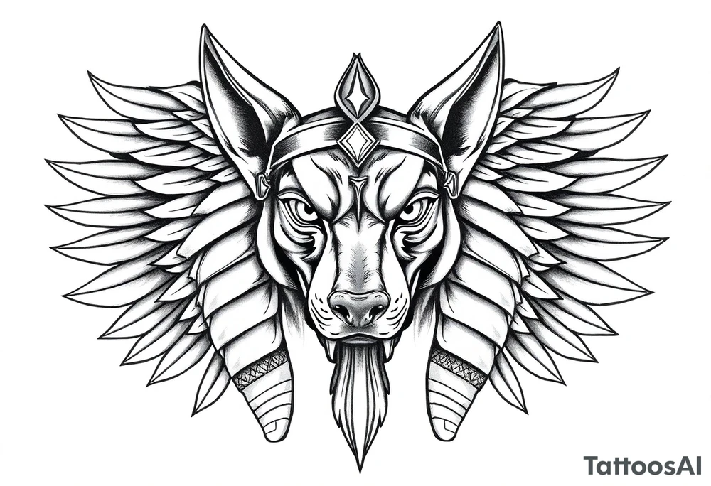 Egyptian Anubis god face muscle in Egypt style  with mantle on head with empty eyes 

dog face surrounded Egyptian symbols based on elements tattoo idea