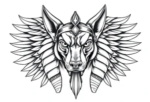 Egyptian Anubis god face muscle in Egypt style  with mantle on head with empty eyes 

dog face surrounded Egyptian symbols based on elements tattoo idea