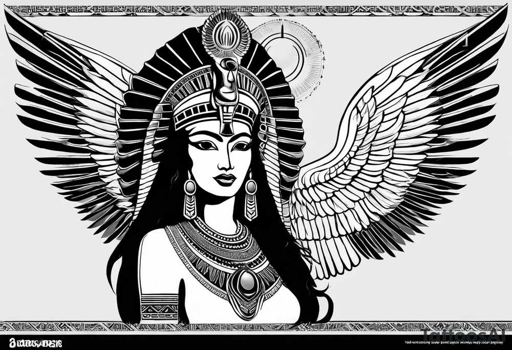 blank and white Egyptian goddess Isis, who is often depicted as a woman with outstretched wings, holding an ankh (a symbol of life) in one hand and a lotus flower in the other. Her headdress often includes a throne or a solar disk. The tattoo design can vary in style and size, but it typically aims to capture the essence of this revered Egyptian deity, emphasizing her beauty, power, and maternal qualities. The choice of colors and additional elements can also be customized to create a unique and visually striking representation of the goddess Isis tattoo idea