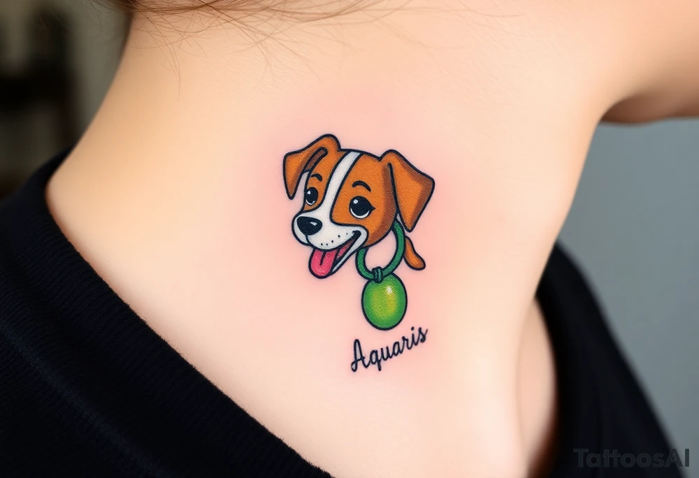 One line tattoo of female dog with white strip going up dog’s snout slightly off centered. With  toy and the dogs tongue slightly out and the name kiwi and an Aquarius them to it . Just the colors black  white brown and green tattoo idea