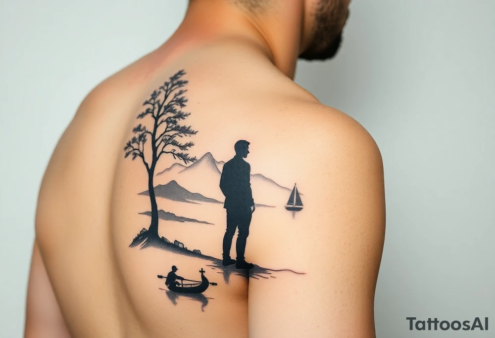 I want a minimalist design that will go on my right bicep, of a man's silhouette of a man on a shoreline, with a tree to his left, looking out at mountains in the distance, and a sailboat in the foreground.  but I want this around the arm, elbow and bicep area.  more of a wrap around on the arm please.   bottom left is okay, but less focus on the man's silhouette.  on the arm, not on the shoulder tattoo idea