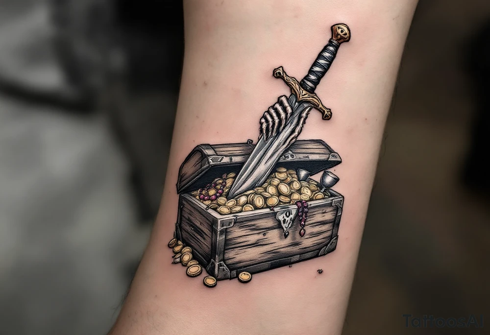 Dead Man’s Chest – A weathered wooden treasure chest, overflowing with gold coins, ruby necklaces, and silver goblets. A skeletal hand emerges from within, gripping a rusty dagger covered in barnacles. tattoo idea