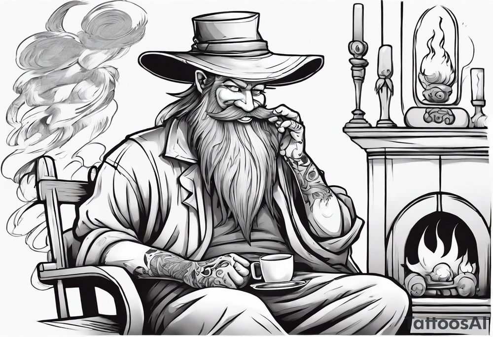 a marshwiggle with a long grey beard wearing a tunic and a floppy hat sitting on a bench by a fireplace drinking from a wood cup, smiling tattoo idea